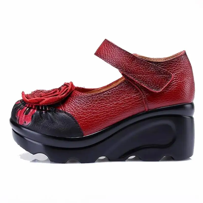 Женские винтажные туфли ручной работы на танкетке удобные из натуральной кожи с