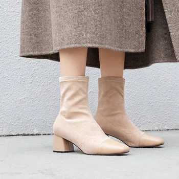 

GPOKHDS 2019 women ankle boots Kid Suede winter short plush apricot color square toe high heels female boots size 34-40