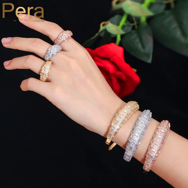 Pera Роскошные для женщин открытым манжеты регулярные дизайн браслет и кольцо комплект большой полный Мирко проложить кубического вечерние циркония