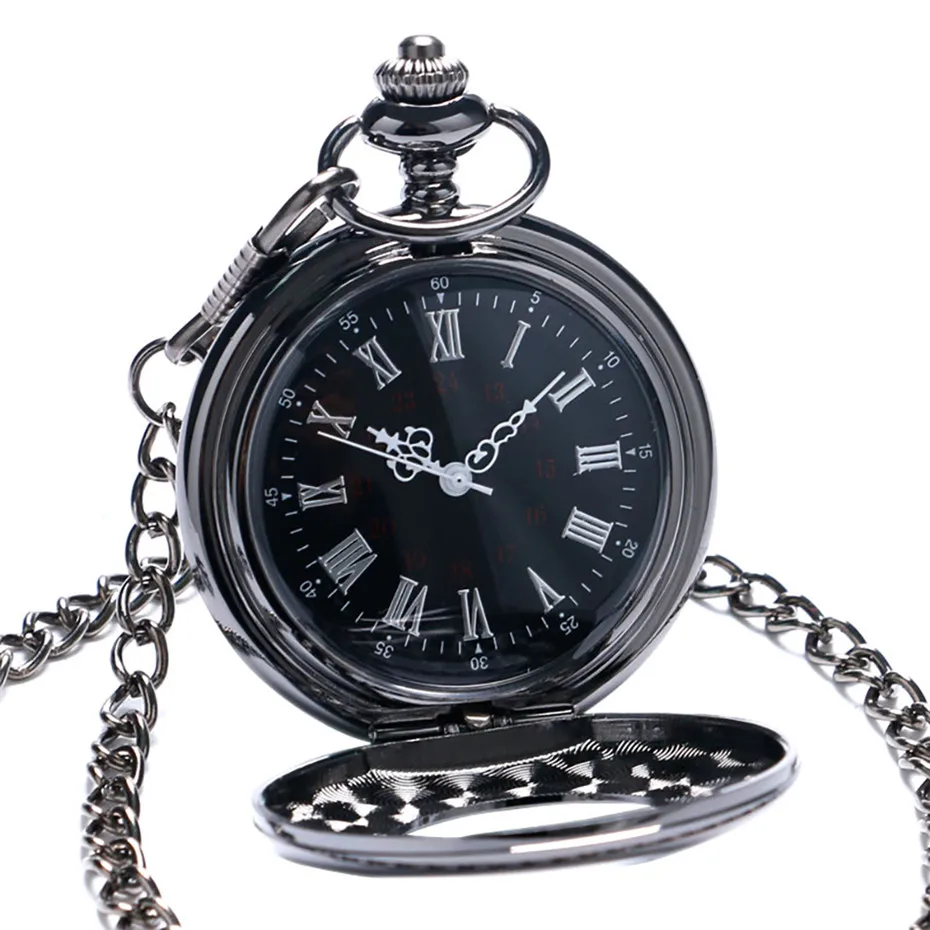 Полировка черный Перфорированный Круглый римские цифры дисплей Механические карманные часы ручной подвесной медальон часы с ретро