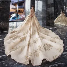 Vestido De Noiva роскошное свадебное платье цвета шампань с длинными рукавами бальное платье Дубай свадебное платье Арабский мусульманский Королевский поезд