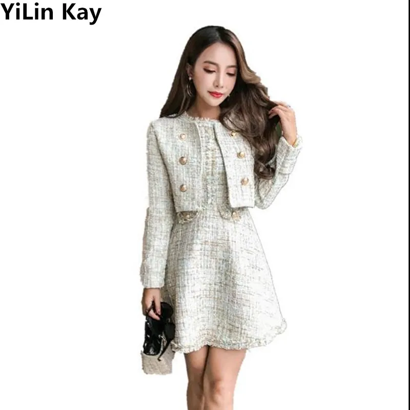 

YiLin Kay 2019 autumn winter tweed two pieces sets clothing women long sleeve gold button tweed coat mini vest dress suits