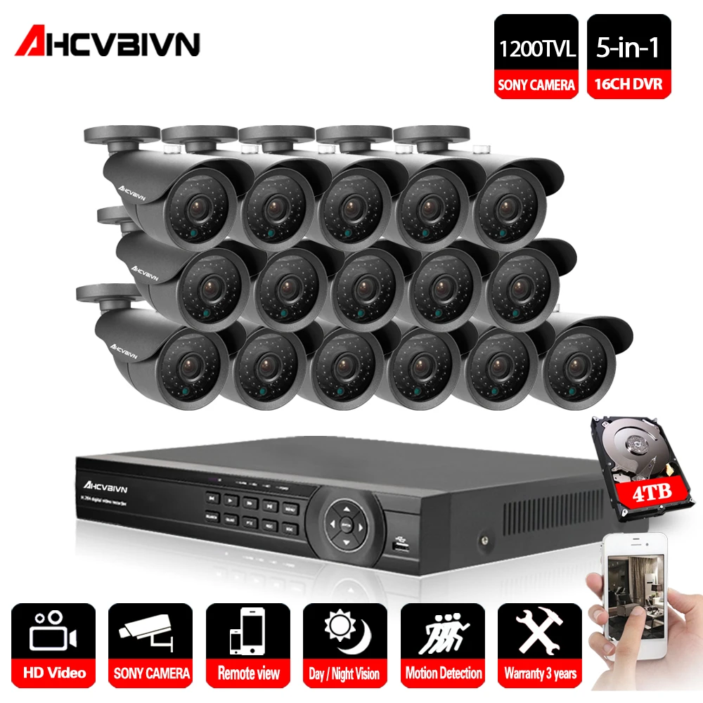 AHCVBIVN AHD CCTV Системы 16CH AHD 1080P CCTV DVR Kit HDMI 1.0MP SONY 1200TVL ИК-камеры безопасности Системы для 16ти-канального видеорегистратора CCTV NVR 4 ТБ