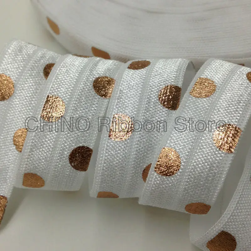 

10 yard 5/8" Rose Gold Foil Polka Dot Print Fold Over Elastic White Dot Print FOE Elastic Ribbon for Hair Tie DIY Hair Accessory