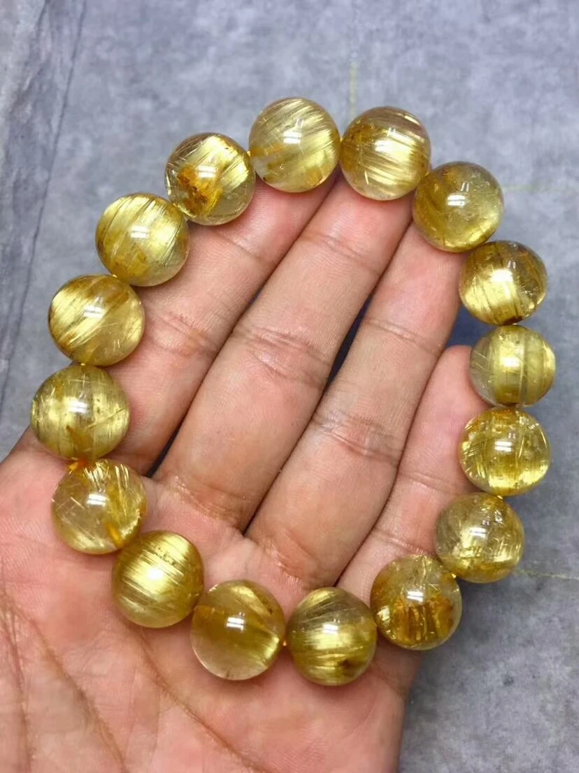Genuine Brazil Natural Gold Rutilated Titanium Quartz Bracelet For Women Men Crystal Stretch 14mm Round Bead Certificate AAAAA (3)