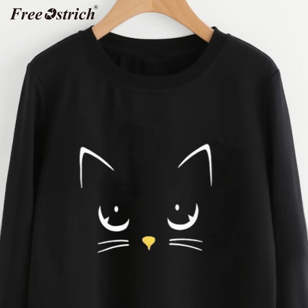  Free Ostrich Autumn Casual Harajuku Kawaii Black Cat Sweatshirts Women Long Sleeve Tops Pullover Fu