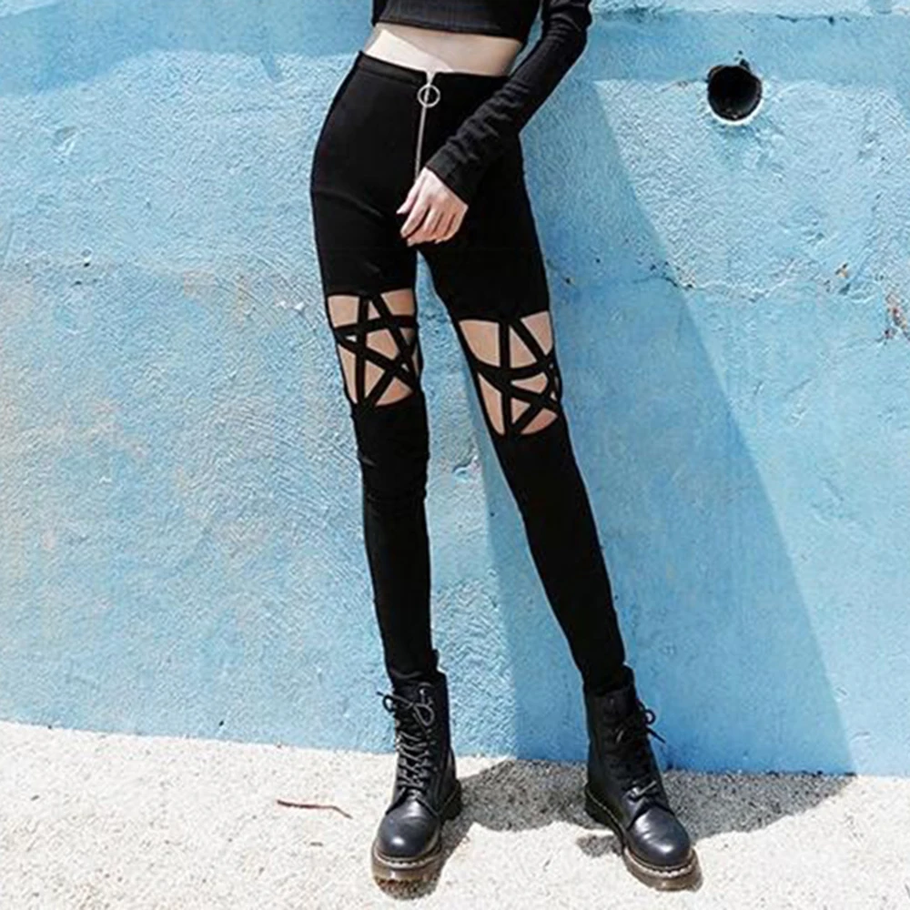

Punk Gothic Pant Women Hollow Out Pencil Legging Pant High Waist Zipper Hole Ripped Trouser Sexy Five-Pointed Star Autumn Winter
