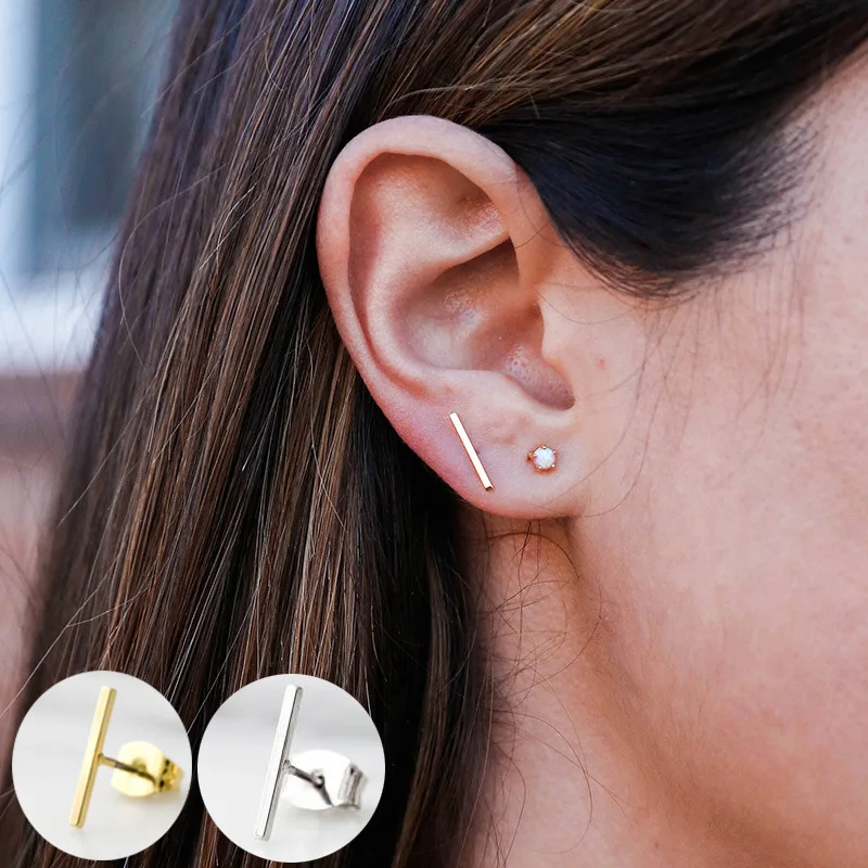 

Punk Earrings For Men Women Jewelry Simple t Bar Stud Earrings Gold Silver Color Ear Studs Ohrringe New Year Gift