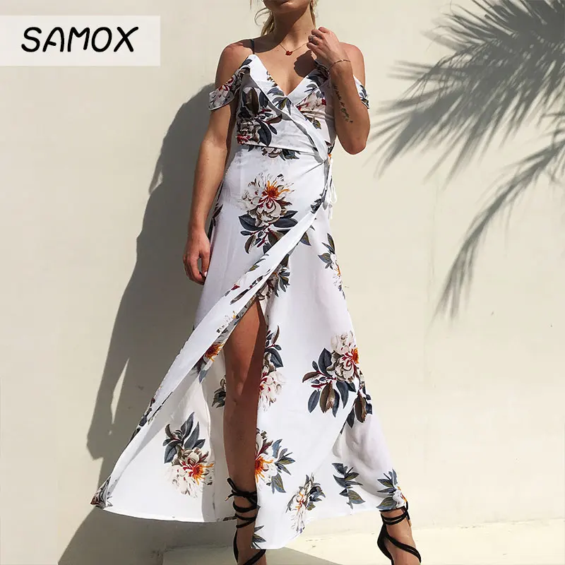 

JSMY 2019 New Summer Holiday Beach Slit Chiffon Dress Fashion Women Printing Sling Off-the-shoulder Irregular Ruffles