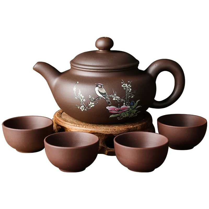 Zisha Yixing Teapot Set Handmade Bird And Flower Kung Fu Tea Set Teapots Ceramic 1 Teapot 4 Cups Safe Packaging