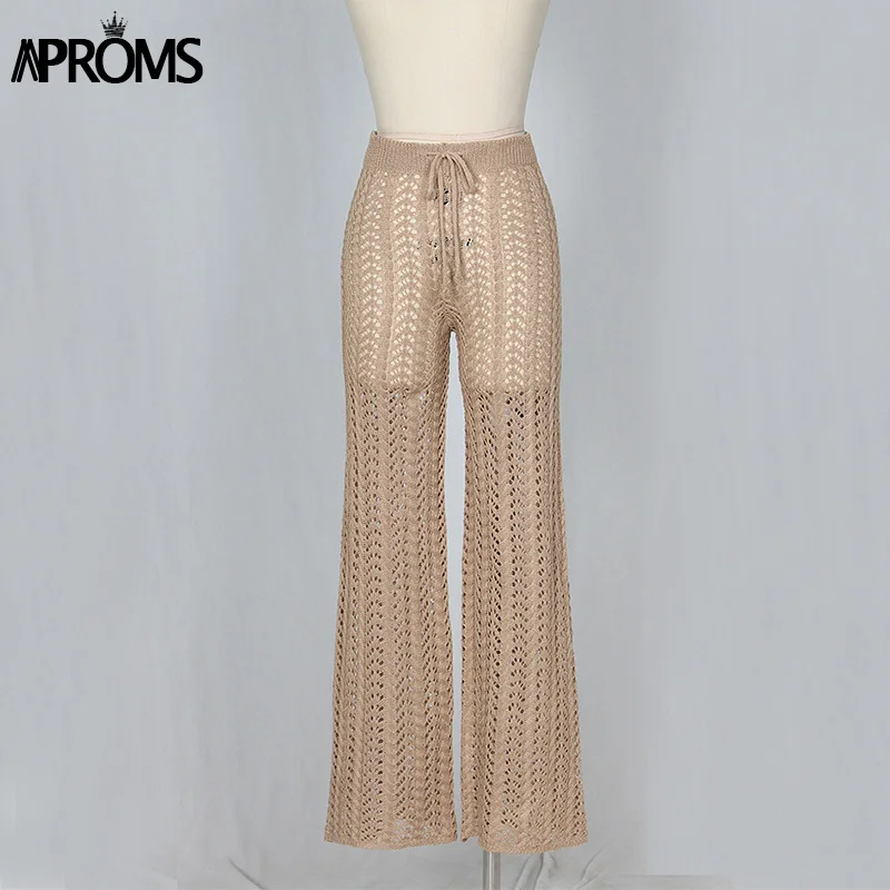 Aproms, элегантные трикотажные брюки-Капри для фитнеса с высокой талией, женские летние сексуальные длинные штаны на шнуровке - Цвет: Camel