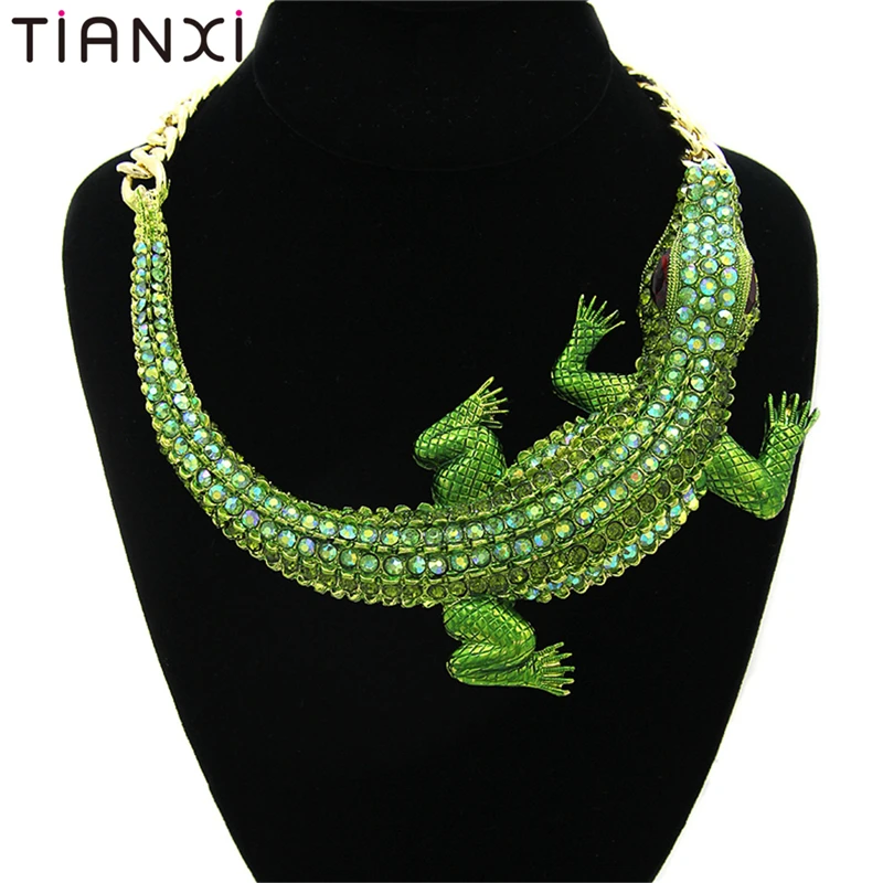 

2018 new Women Big Choker Statement Necklaces Green Rhinestones Crocodile Necklace Gold Chain Jewelry Crystal Necklace