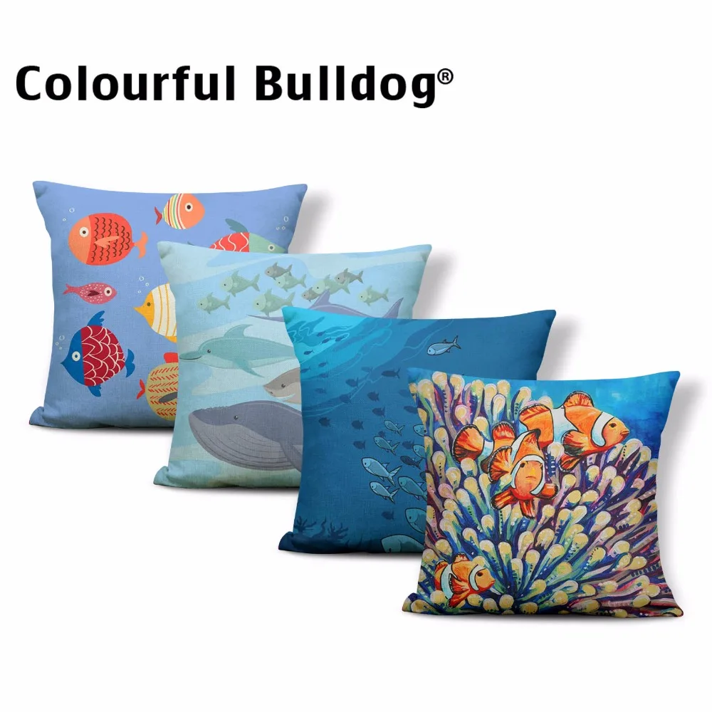 

Oil Painting Pillow Cases Fish Shark Striped Cushion Covers Dots Rhombus Rectangle Blue Dolphin Octopus Home Sofa Decor 43*43 cm