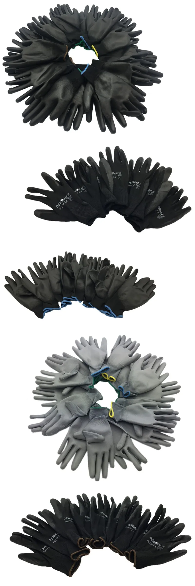 24pcs=12pair DEWBest 13G black PU Work Gloves Palm Coated working gloves,Workplace Safety 