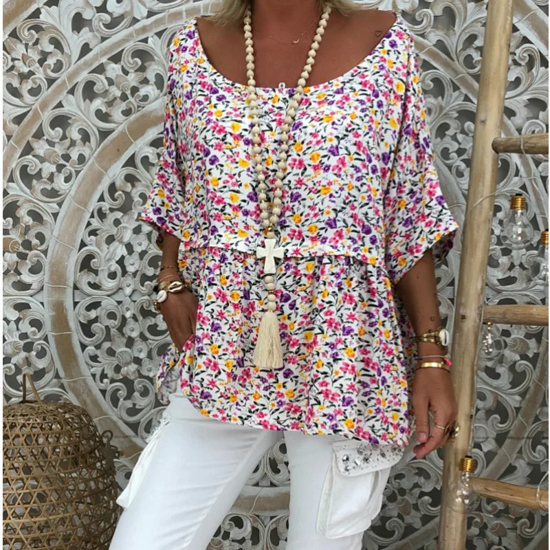 

Summer Loose Floral T Shirt Tops Women Three Quarter Sleeve Plus Size Tshirts Plus Size Tee Shirt