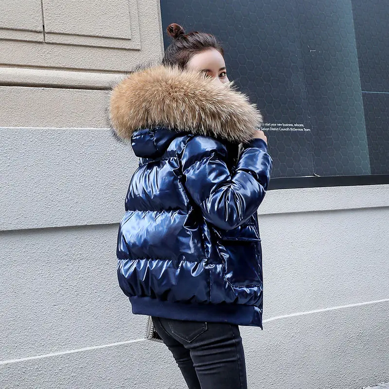 

Ladies Winter Thick Warm Velour Parka Female Large Fur Collar Hooded Jacket Fashion Bright Surface Casual Long Sleeve Coat Z363