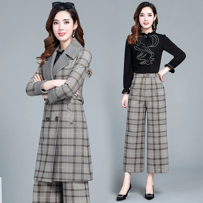 Two Piece Set Women Clothes 2020 Business Suits Formal Office Work Elegant Gray Womens Long Sleeve Coat Blazer LW086 | Женская одежда