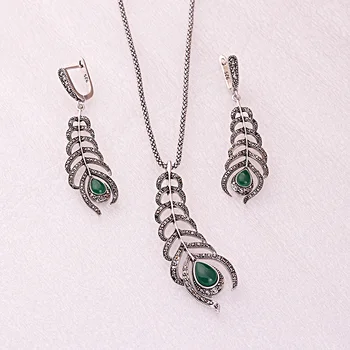 

Sellsets Vintage Black Resin Feather Jewelry Sets For Women Antique Silver Rhinestone Pendant Necklace Earrings Gift Jewellry