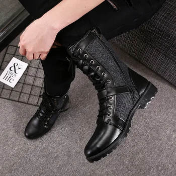 

Autumn Winter Pu Leather All Black Boots Men 2020 Botas Impermeables Hombre Buckle Male High Top Boots Indestructible Shoes