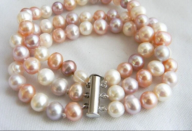 

0898 3Strands 8'' White Lavender Pink Round Freshwater Pearl Bracelet