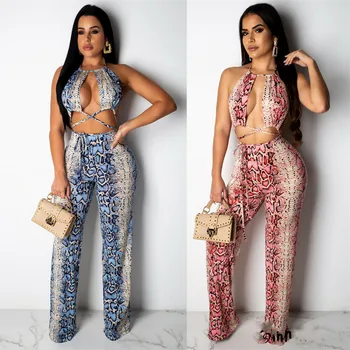 

Women Suit Print Sleeveless Backless Short Tops + Long Pants 2PCS Sexy Ladies Evening Party Clubwear Femme Summer Clothes