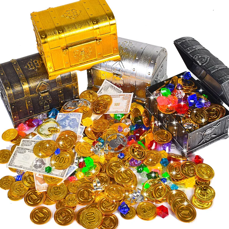

Hot Treasure Hunting Box Children Treasure Box Retro Plastic Large Box Toy Gold Coins and Pirate Gems Jewelry Playset Pack