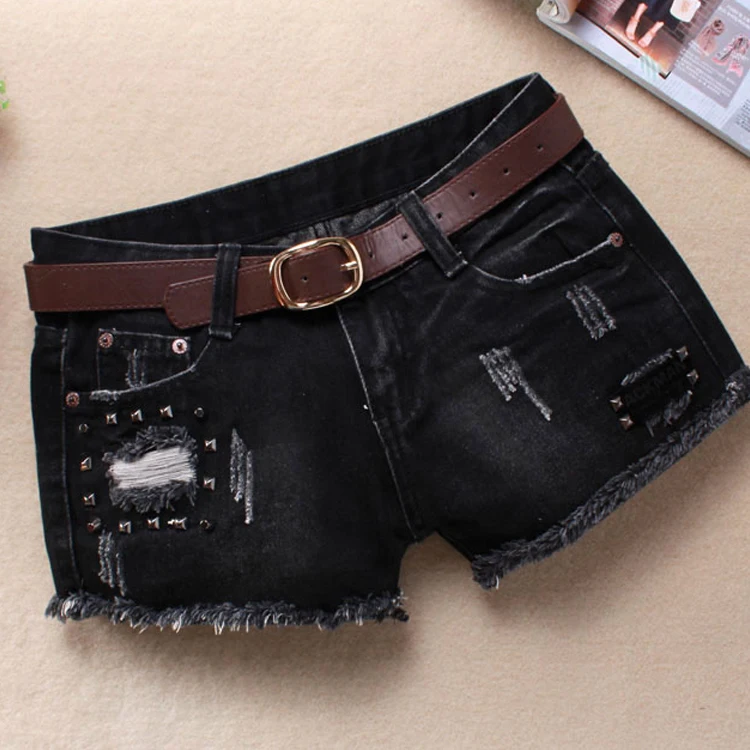 Spring Summer Fashion Womens Ripped Rivets Black Denim