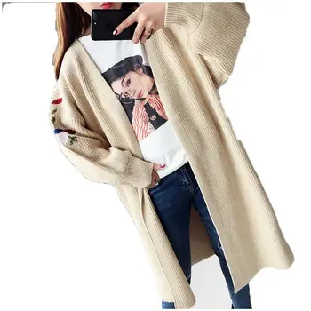 

Knitwear Women's Cardigan Long Sweater Coat Spring 2018 Embroidery Loose Plus Size Cardigan Outwear Knitted Sweater Tops AC829