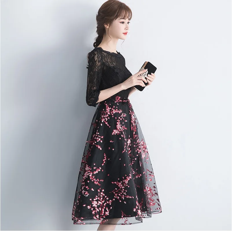 

Black Lace Summer Women Sexy Flowers Traditional Chinese Embroidery Dress Cheongsam Evening Dress Half Sleeve Qipao Dresses