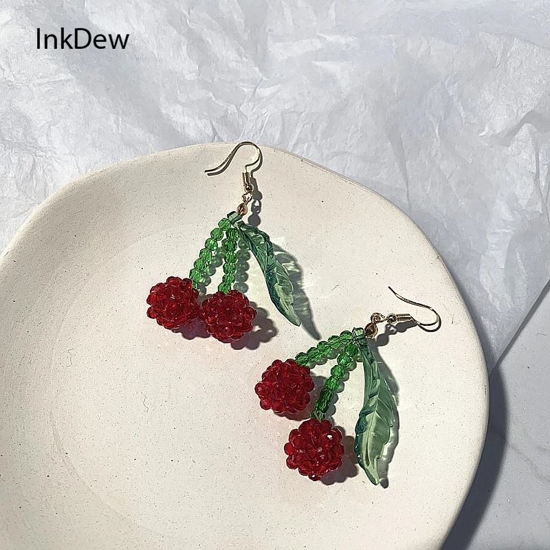 

INKDEW New Fruit Cherry Earrings Vintage Weaving Handmade Bead Drop Earrings For Women Girls Long Red Cute INS Fashion Jewelry