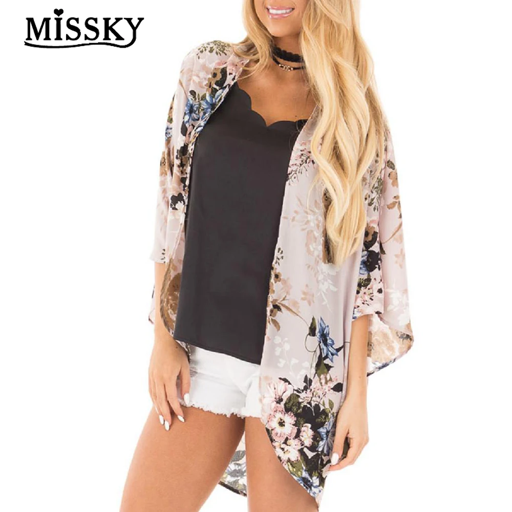 MISSKY Women Fashion Flower Printed Chiffon Blouse Sun Blocked Kimono