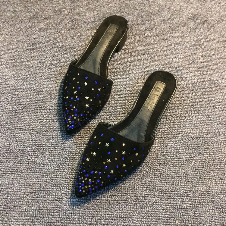 

Hot Woman Slippers Spring Summer Mules Shallow Pointed Toe Sexy Shoes Low Square Heels Design Woman Outside Slippers Tide Mules