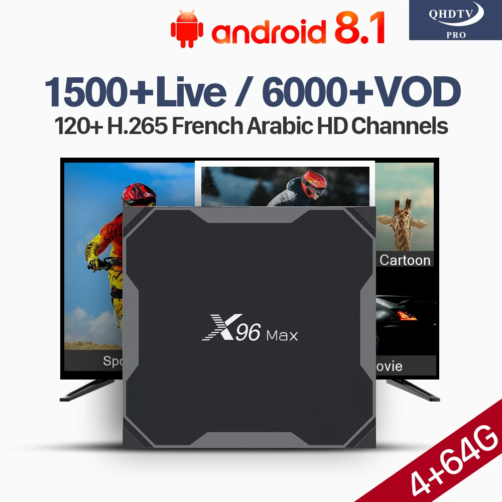 Франция арабский Катар Ливан IP ТВ X96 Max 4 + 64G Dual-Band WiFi Поддержка BT Android 8,1 S905X2 QHD ТВ Pro H.265 декодер IPTV приставка