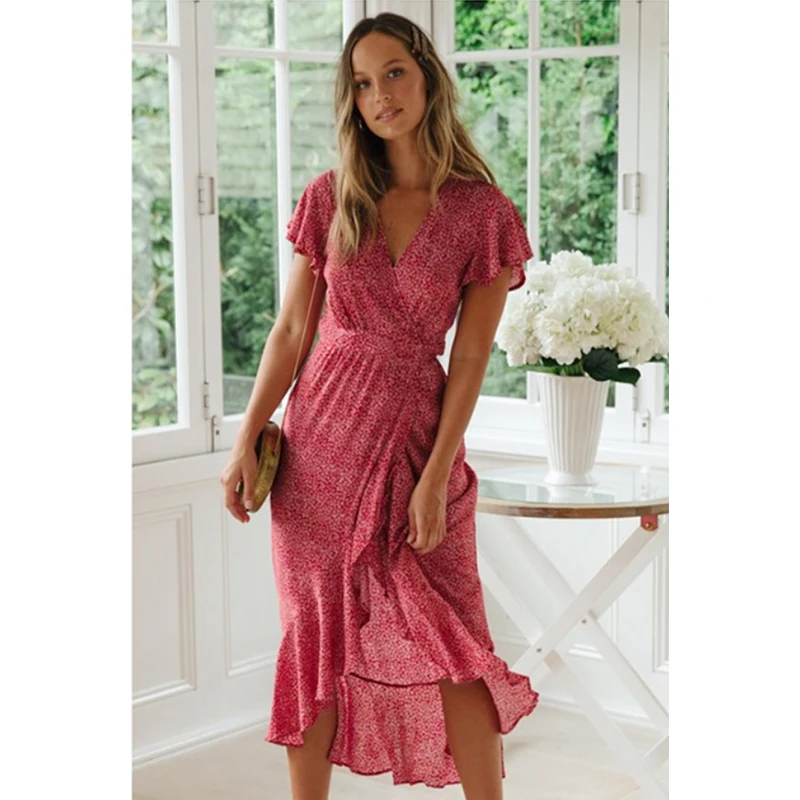 Женское длинное платье в горошек Boho Повседневное с коротким рукавом и v образным