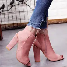 2017 Fashion Women’s Spring Summer Open Toe Boots Casual Faux Suede Ankle Boots Thick High Heels Peep Toe Women Boots