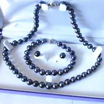 

7-8mm natural black cultured freshwater pearl round beads necklace bracelet earrings weddings party gifts jewelry set BV343