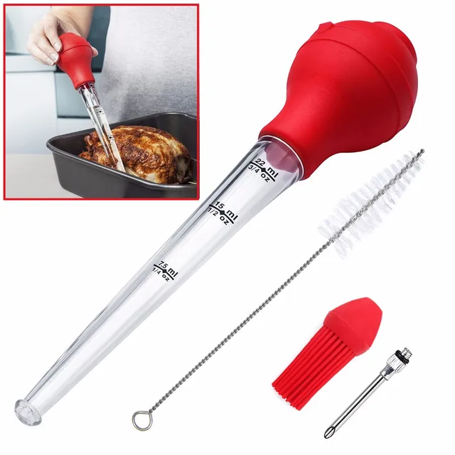 Stainless Steel Turkey Baster With Silicone Bulb & Needle - Metal Cooking Injector Set For Meat & Poultry