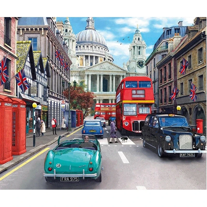 

NEW 5D Diamond Painting Cross Stitch Bus On Roa & Buildings Needlework Diamond Embroidery Full Diamond Decorative KBL