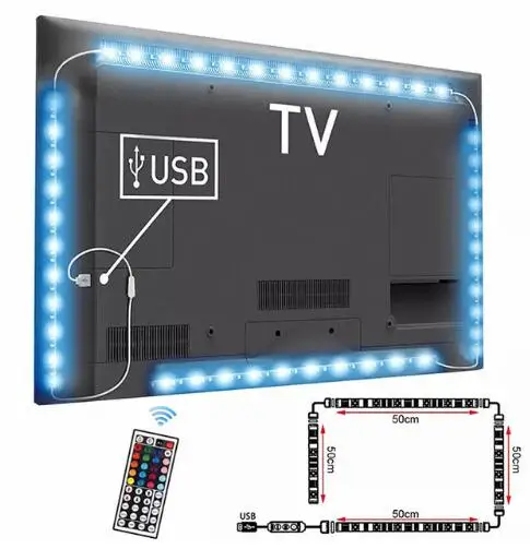 RGB USB LED Strip Light PC Monitor TV waterproof 5050 Led Backlight Led Stripe USB Led Tape Lighting remote controller set 5V - Испускаемый цвет: 2X50CM2X100CM 44key