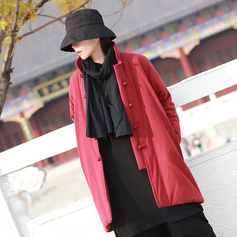 

Aransue Winter coat women Chinese style retro tops thickened medium long outwear plus size cotton linen parkas