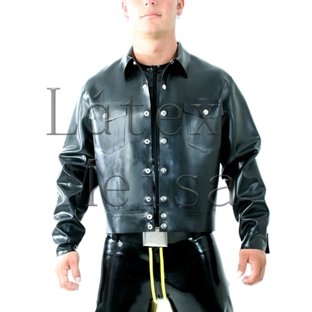 

Moto & Biker style latex coat black long sleeve outwear with 0.6mm heavy natural latex for men