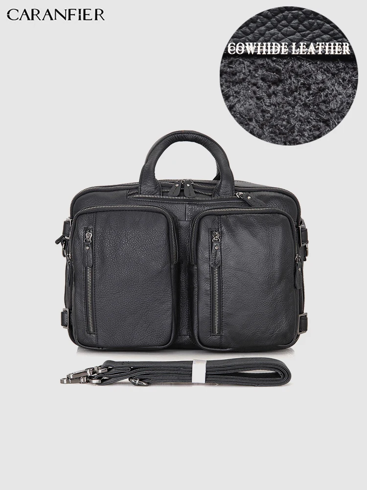 

CARANFIER Mens Briefcase Genuine Cowhide Leather Multi-function Travel Bags Large Capacity Handbags Business Laptop Office Bags