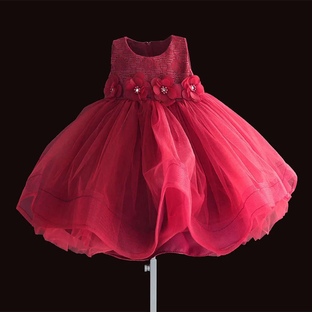 

Christmas baby girl dresses RED Flowers first birthday girl party Vintage Lace Party Ball Gown little girls clothing 6M-4T