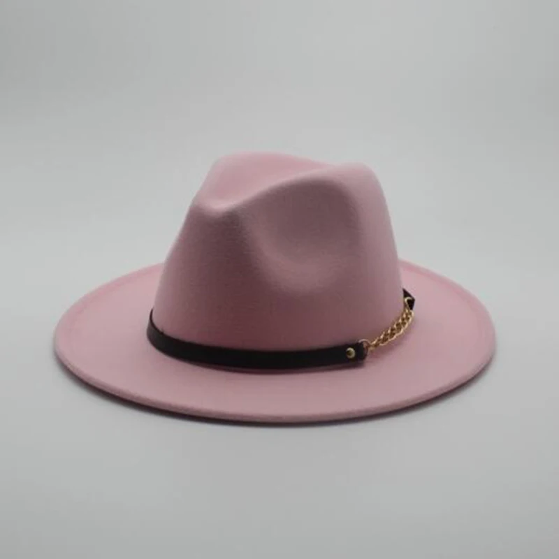 Fashion female woolen black hat pink solid color fedora hat ladies felt hats leather belt winter women jazz hat new arrival