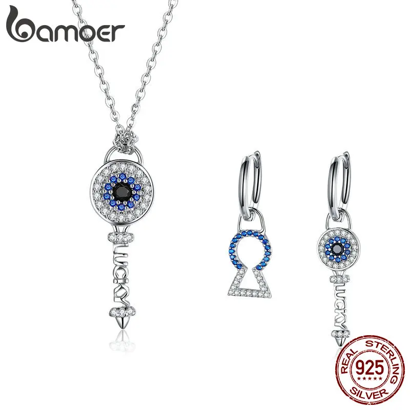 

BAMOER High Quality 925 Sterling Silver Crystal Key Cubic Zircon Necklace Earrings Jewelry Set for Women Fine Jewelry ZHS075