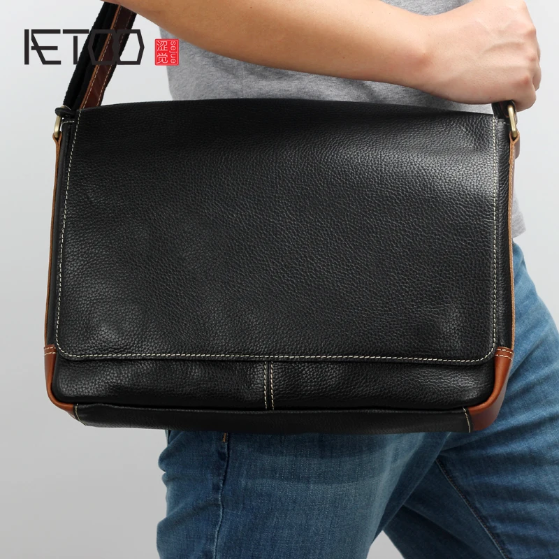 

BJYL New men's single shoulder bag leather male Baotou layer cowhide oblique cross horizontal casual soft leather bag