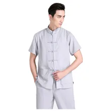 Shanghai Story Chinese Traditional Kung Fu Tops Short Sleeve Tang Suit Shirt For Men Cotton Blend Shirt / Grey