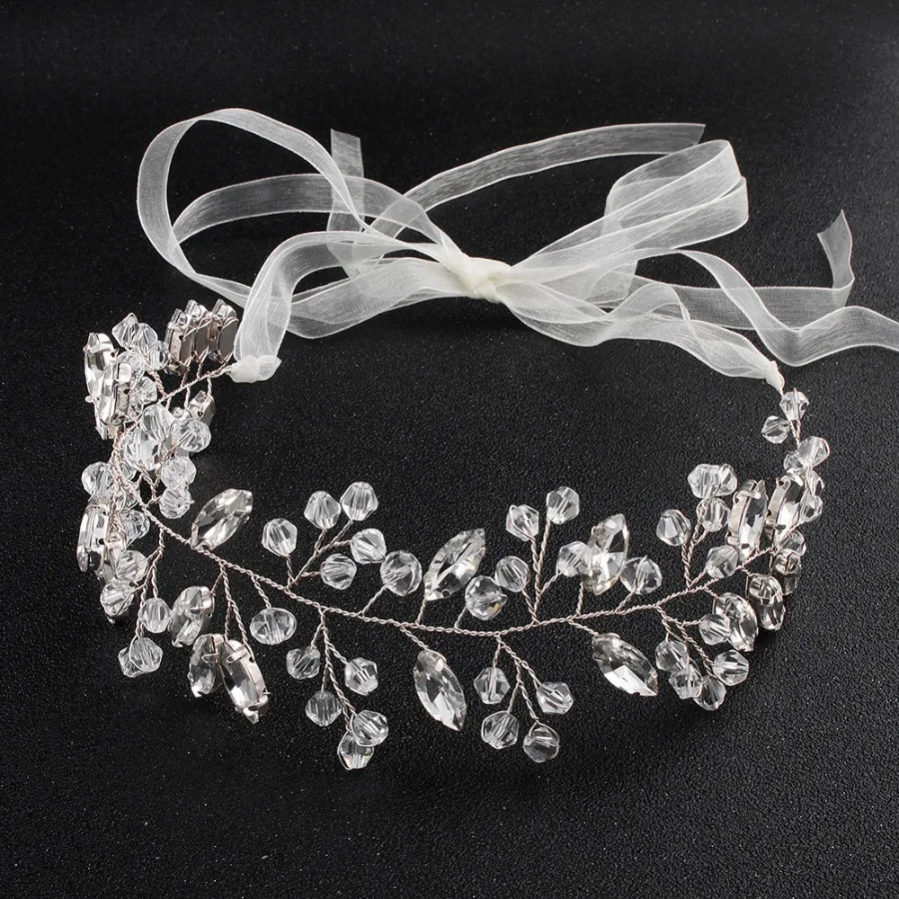 

Silver Color Hairbands Rhinestone Wedding Hair Jewelry Accessories White Ribbon Bridal Women Handmade Headbands Ornament Tiara