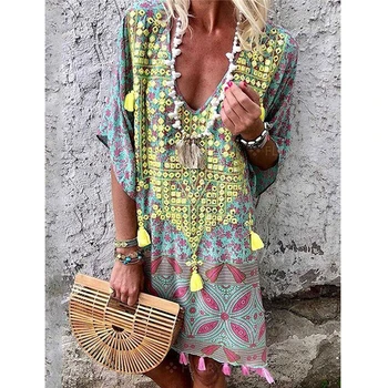 

Women Summer Dress Sexy V Neck Ladies Clothes Casual Kaftan Dress Plus Size Boho Dresses For Women Sundress Loose Party Dresses