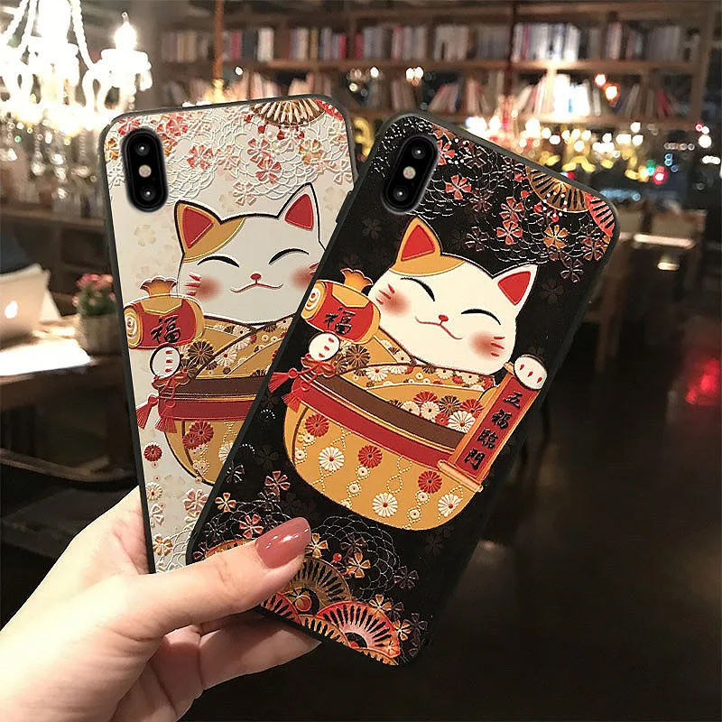 

JIBAN Chinese Style Lucky Cat Phone Case for IPhone XSmax XR X 3d Embossed Shell Cover for Iphone 6 6S 6plus 7plus 8 8plus Capa